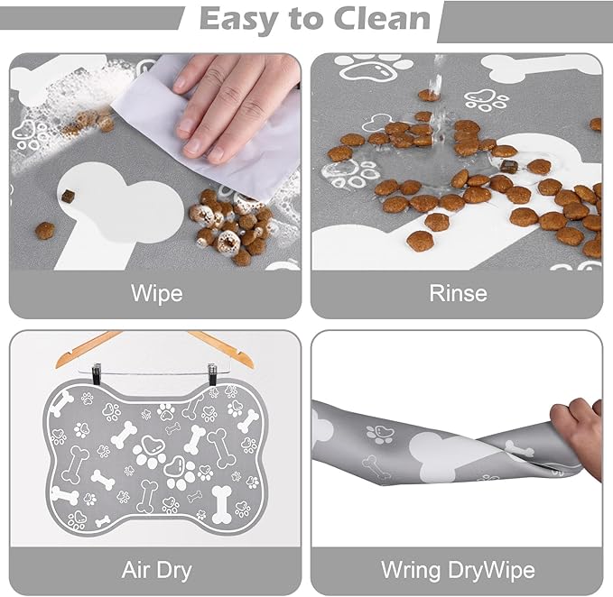 Dog Cat Food Mat,Rapid Absorbent Pet Feeding Mat, Bone Shaped Dog Placemat Water Bowl Mat with Rubber Backing,No Stains Dog Cat Food Mats Indoor, Pet Accessories Supplies 17" X 29" Grey