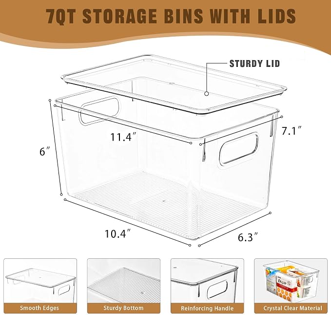 Freebat 12 Pack Clear Storage Bins with Lids, 7 Quart Pantry Organizer Bins | Large, Stackable Plastic Storage Containers, Pantry Organization for Office, Bedroom, Cabinet, Fridge,Kitchen Organization