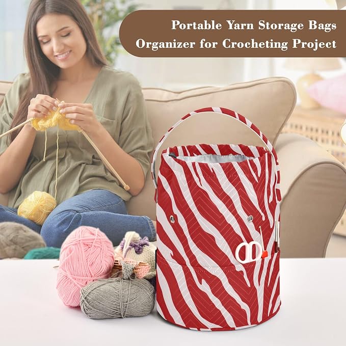 Tatenale Crochet Bag Yarn Bag Knitting Project Bag with Pockets and Handle Portable Yarn Storage Organizer Tangle Free 8.3x11 InchRed Zebra Print44