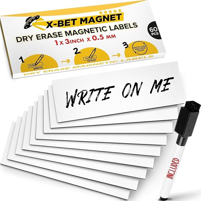 X-bet MAGNET Dry Erase Magnetic Labels, 1x3 (2.5x7.5cm), 60 pcs, White | Reusable Write-On Magnet Stickers for Fridge, Whiteboard & Classroom, Erasable Blank Labels & Sticky Notes