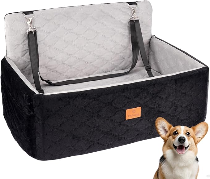 Dog/Cat Car Seat Pet Booster Seat for Dogs/Cats up to 60 lbs | Suitable for Small/Medium Pet Memory Foam with Detachable Washable Cover Travel-Safe Car Bed with Safety Belt/Storage Pocket