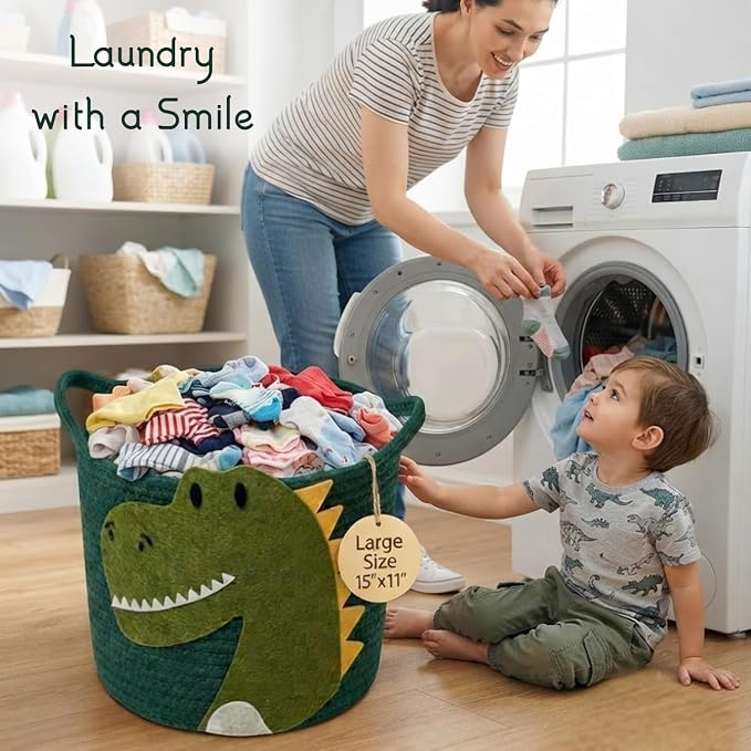 Nursery Storage Basket, Large Woven Cotton Rope Baby Bin with Dinosaur design, Strong Handles, Baby-Safe Kids Toy Organizer for Stuffed Animals, Laundry Hamper, Foldable & Washable (Dinosaur 35L)
