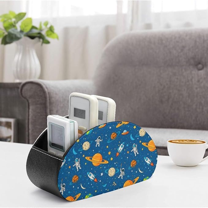 Pu Leather Remote Control Holder Space Astronaut Planets 5 Slot Caddy Box | Space Cute Astronaut Planets Blue Office Desktop Storage Organizer for Controller, Media Player, Stationery Supplies