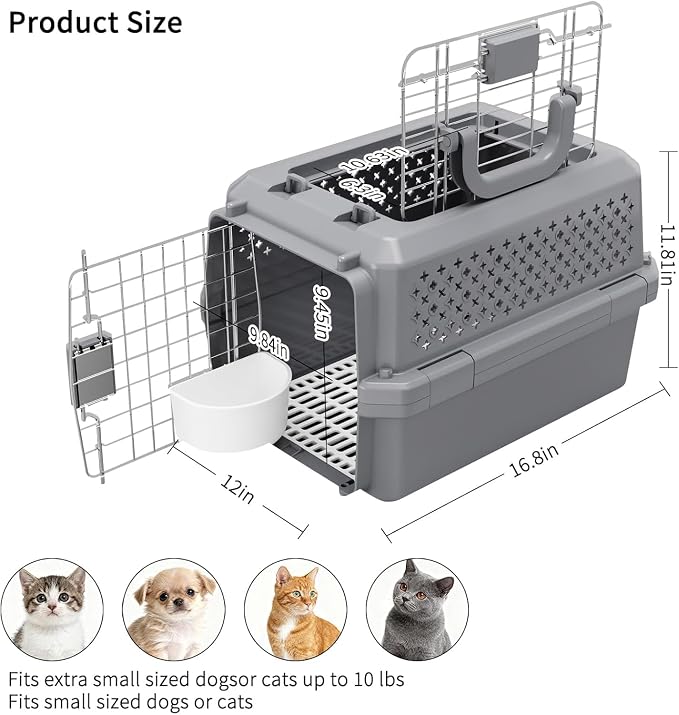 Airline-Approved Pet Carrier: Hard-Sided Crate for Cats & Dogs | Secure Metal Locking Door / Multi-Side Ventilation / Top Carry Handle / Lightweight Durable Shell / Includes Travel Bowl