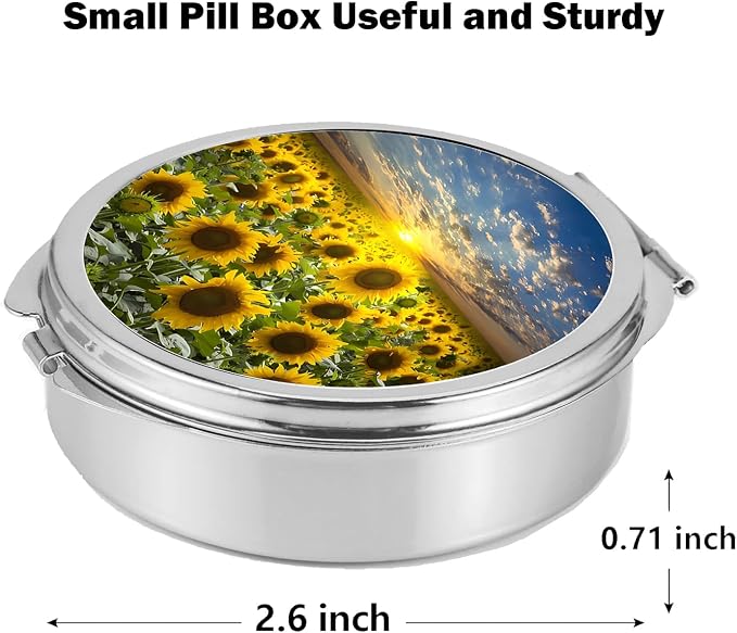 Small Pill Box 3 Detachable Compartments Pill Case with Mirror 2.4inches Pocket Round Medicine Organizer, Mini Portable Pill Organizer for Pocket Purse& Travel Convenience-Sunflower