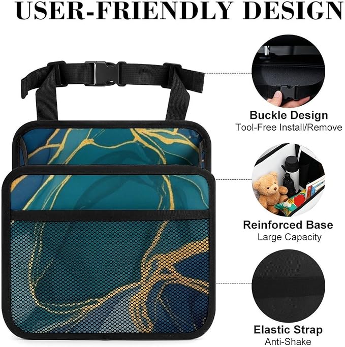 Car Back Seat Organizer Auto Headrest Backseat Storage Bag, Gold Turquoise | Green Navy Blue Wave Marble, Vehicle Trash Bag Can with Mesh Pocket, Waterproof Pu Leather Interior Accessories