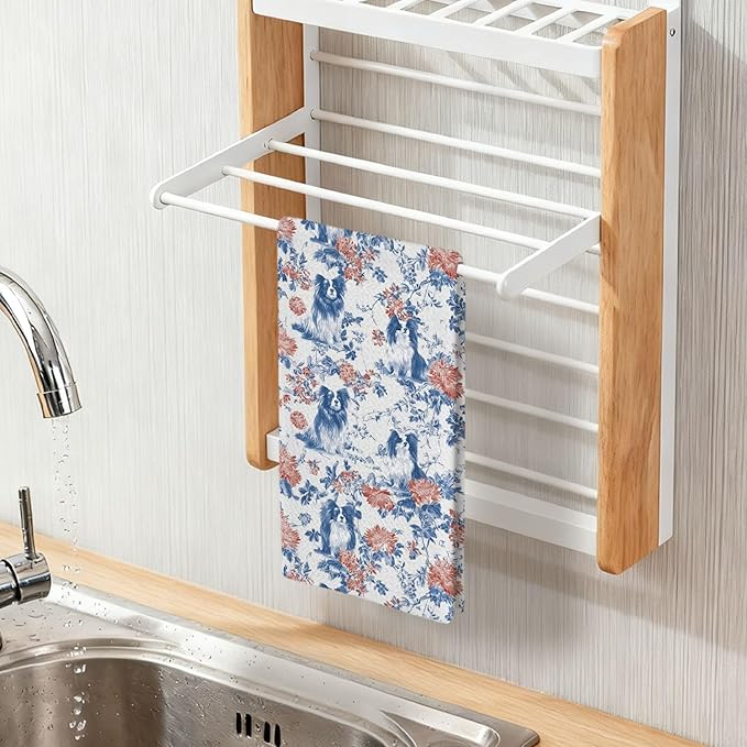 Papilion Kitchen Dish Towels,Blue and White Floral Dog Towel Dish Tea Towels, Chinoiserie Decor for Kitchen Bathroom,Cocker Papilion Gifts for Dog Lover Mom Dad,16x24 Inch