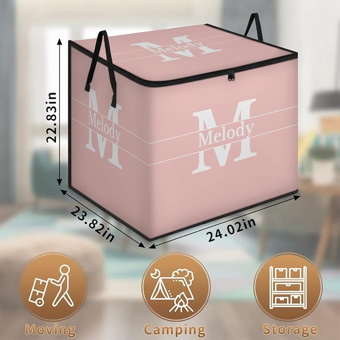 Personalized Name Foldable Storage Basket Cubes with Initial Letter, Pale Pink Quilt Comforter Storage Bin with Handles for Shelf Home Closet Bedroom