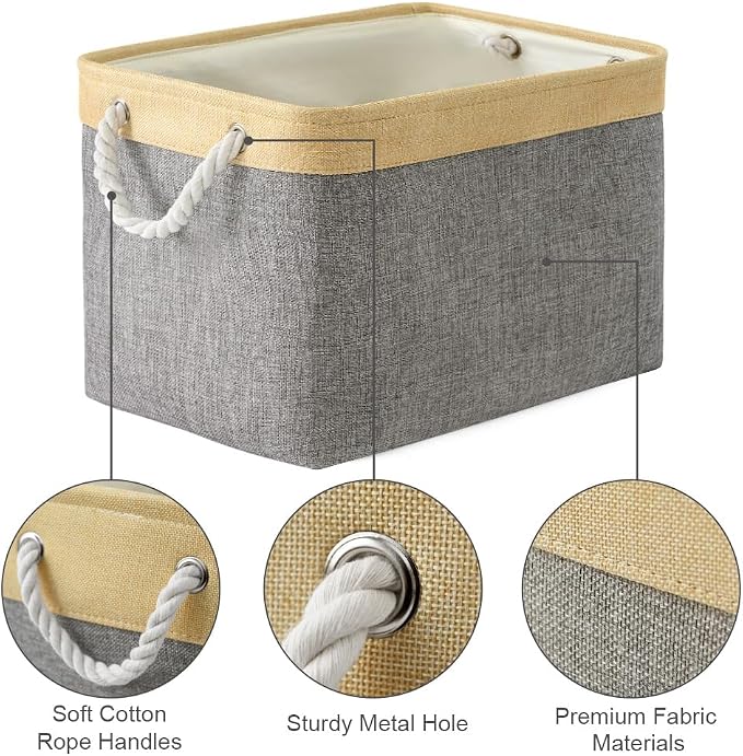 Storage Basket for Organizing - Fabric Large Cubes 3 Pack 16x12x12 inch Baskets, Cube Storage Bin for Shelves Organizer Closet Cloth Gift Toy (Gold & Grey)