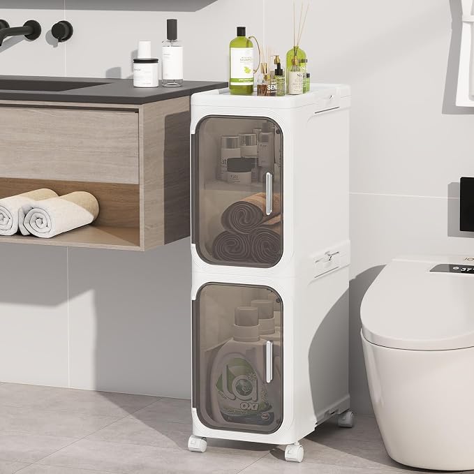 2 Tier Slim Bathroom Storage Cabinet, Foldable and Movable, White | Tools Free, ABS and PET, Magnetic Clear Door, Adjustable Shelves, Lockable Wheels, Water Resistant, For Narrow Space