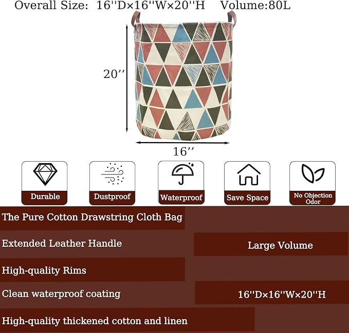 Waterproof Laundry Hamper Collapsible Laundry Basket Leather Handle Laundry Bag Large Clothes Storage Toy Organization for Bathroom Bedroom Laundryroom College Dorms (Caisanjiao-002)