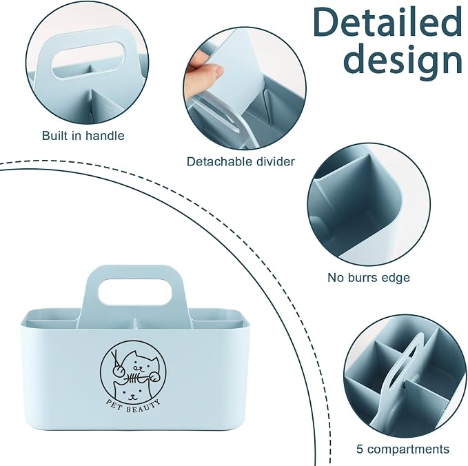 5-Compartment Blue Dog Stuff Storage Caddy, Portable Pet Grooming Organizer with Handle, 9.8" L x 6.1" W x 4.4" H