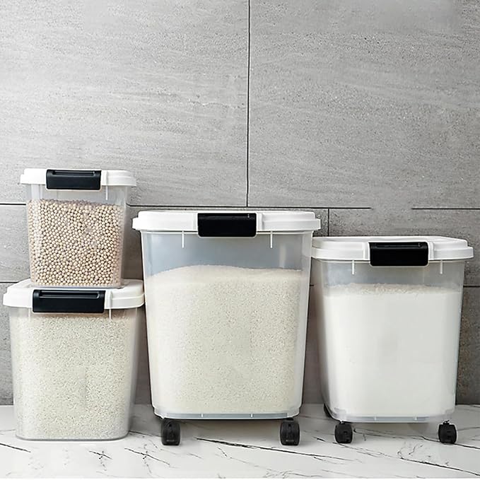 HANAMYA 30 LB Rice Storage Container with Measuring Cup, BPA free, For Rice | Grain | Pet Food | Flour, 1 count, Clear & Black