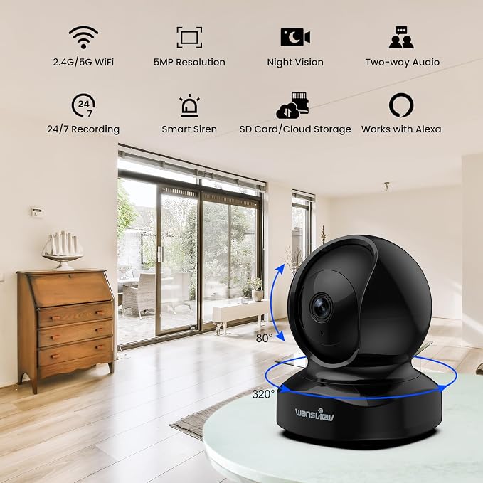 wansview Security Camera, IP Camera Dual Band 5G & 2.4G Wi-Fi, Q5 5MP Black