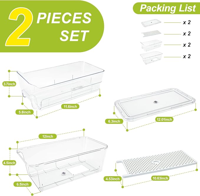 Pull Out Fridge Organizer Drawer, Stackable Refrigerator Storage Bins with Drain Tray and Lid, Clear Fruit and Vegetable Storage Containers Box, for Kitchen Freezer, 2-Pack