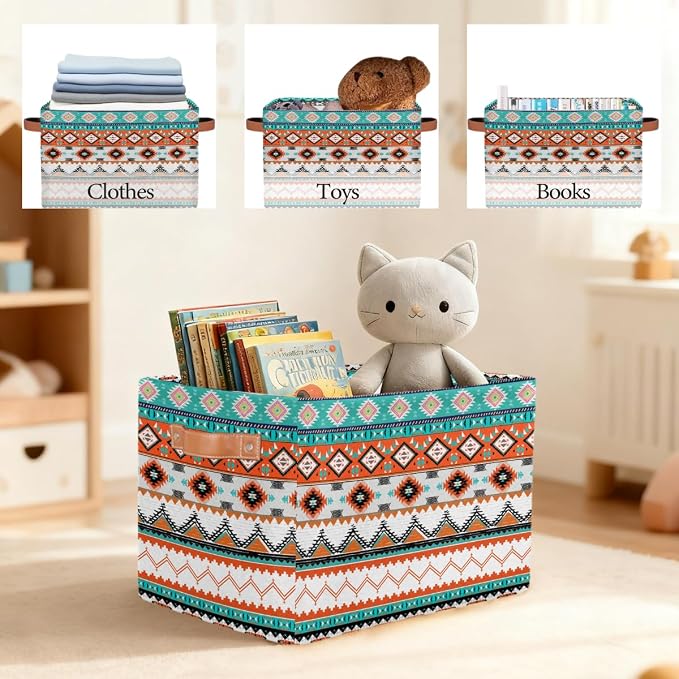 Pardick Storage Baskets Bin, Ethnic Boho Western Collapsible Canvas Fabric Storage Bin Decorative Baskets Toy Organizer Rectangle Storage Boxes with handles for Home Shelves Nursery,Q-12