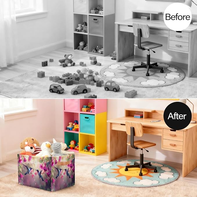 Pardick Storage Baskets Bin, Spring Hummingbird Flower Collapsible Canvas Fabric Storage Bin Decorative Baskets Toy Organizer Rectangle Storage Boxes with handles for Home Shelves Nursery,Q-3