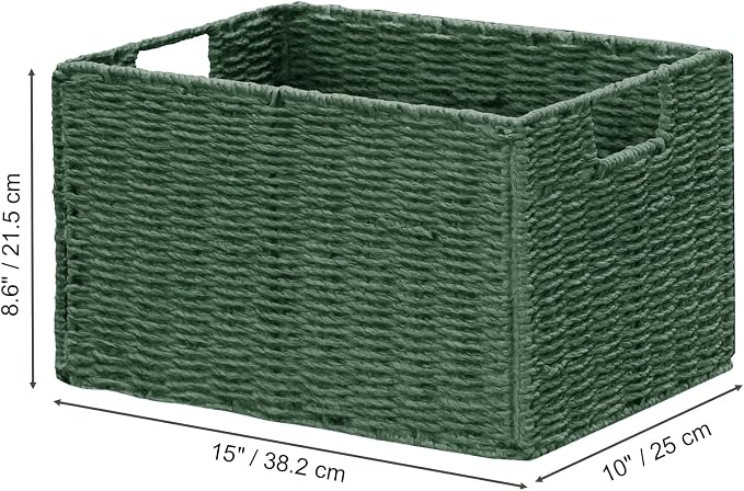 Vagusicc Large Wicker Storage Basket, Collapsible Baskets for Organizing | Set of 2 Hand-Woven Paper Rope Wicker Basket, 15"x 10" Closet Organizers and Storage with Handles Home Organization, Green