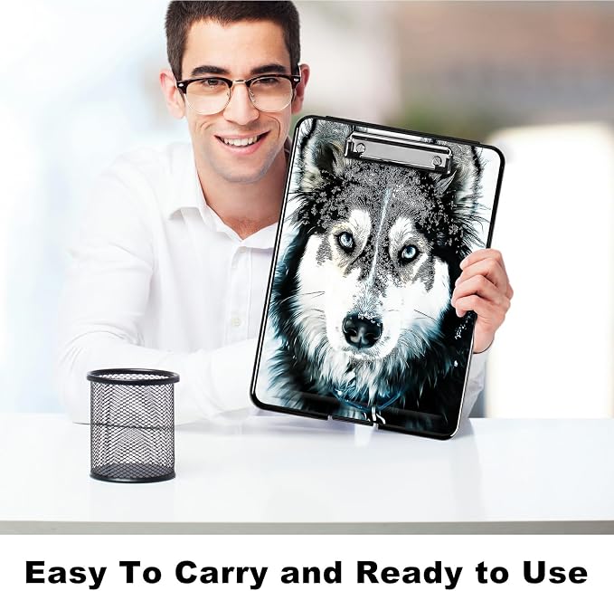 Heavy Duty Storage Clipboard, Slim Nursing Clipboard with Internal Pen Case, Portable File Organizer Case for A4 Letter Size Paper Office Medical Professionals, Huskies in Snow