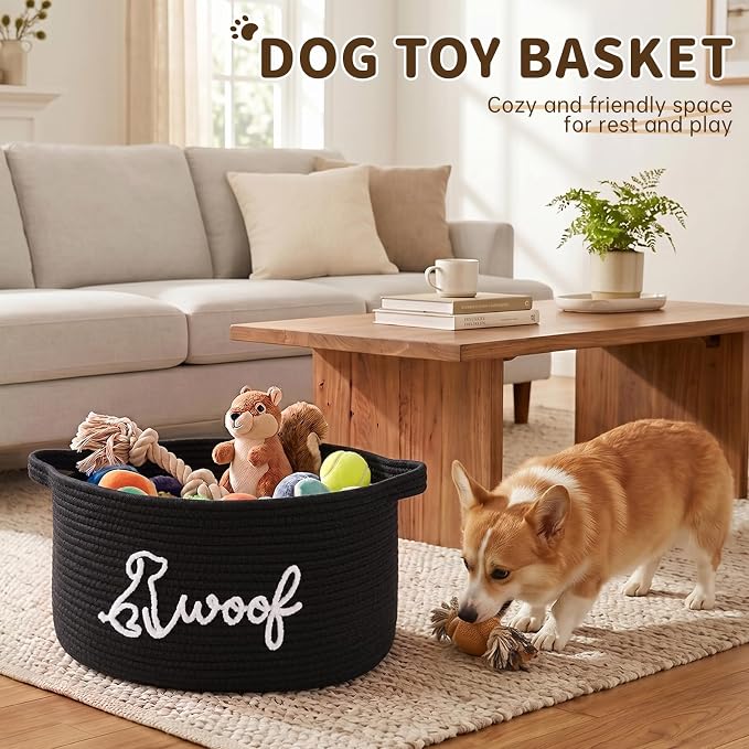 OIAHOMY 22L Large Dog Toy Basket, 16.5"x11.4"x9" Cotton Rope Basket with Cute Woof Embroidery, Soft Woven Pet Toy Box with Handles for Blankets, Leashes & Puppy Accessories, Decorative Organizer Black
