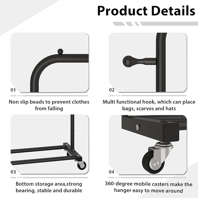 Sywhitta Metal Clothing Rack on Wheels with Bottom Shelf, for Clothes,Black | Rolling Garment Rack for Hanging Clothes, Coats, Skirts, 39.76" L x 16" W x 63.78" H,Space-Saving Mobile Organizer for Closet