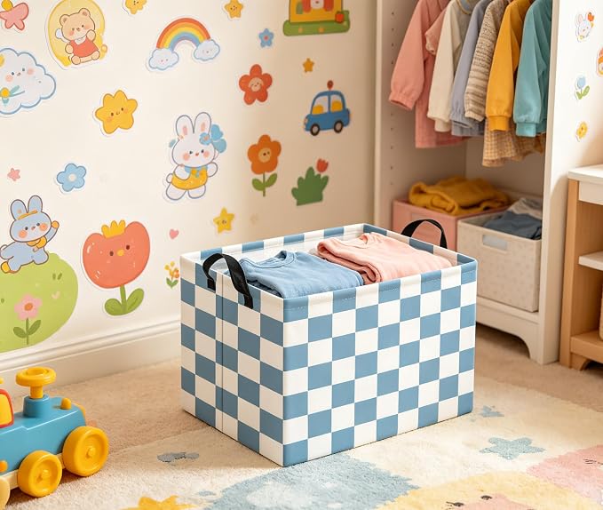 Rectangular Kids Basket Baby Girl Basket Fabric Storage Bin Organizer Box Room Decor(Blue Checkered)