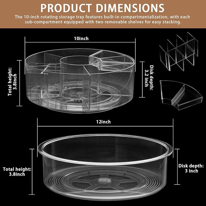 Lazy Susan Organizer 10in+12in 2Pcs Clear Rotating Tray 360° Turntable for Pantry Fridge Cabinet Kitchen Bathroom Storage，Spice Organization，Kitchen Condiment Organizer