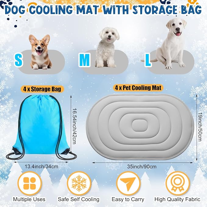 4 Pack Large Dog Cooling Mats 35" x 19" with Storage Bags, Reversible Ice Silk & Velvet Pet Cooling Pad, Summer Washable Bed for Crate, Sofa, Car, Travel
