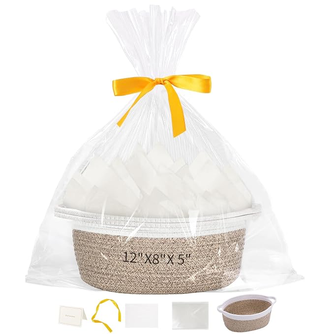 woric Small Woven Storage Basket Dog Toy Baskets for Gifts Empty | Cotton Rope Basket with Handle Graduation Decorative Baskets (Brown 12"X 8" X 5" with Gift Bag Card Ribbon Tissue Paper)