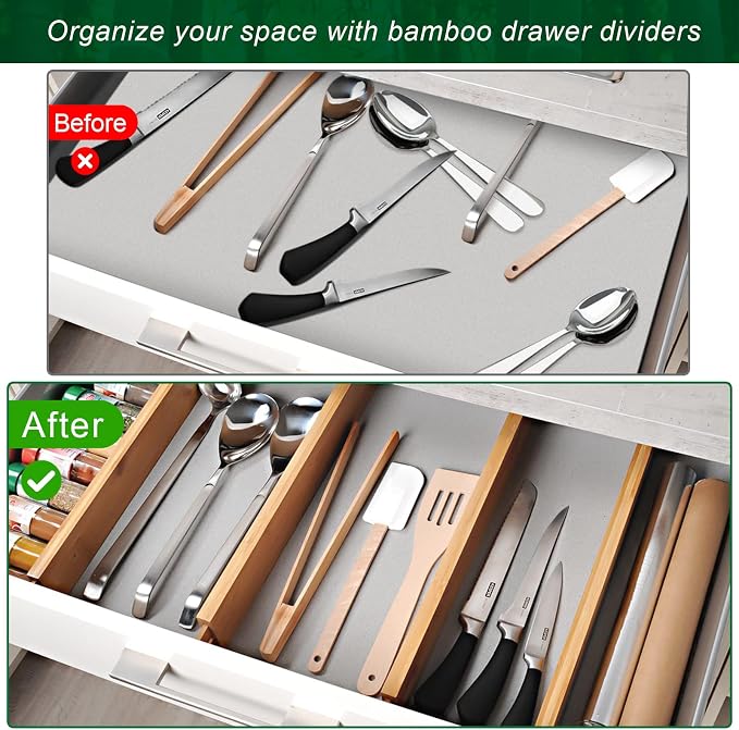 4 Pack Bamboo Drawer Dividers 2.6" High, Adjustable from 12 Inch to 17 Inch | Expandable Kitchen Drawer Organizer Separators for Clothes, Kitchen, Bedroom, Dresser, Office (Beige)