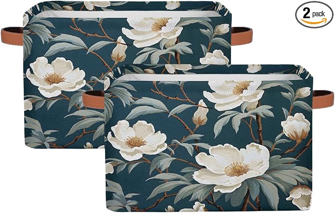 White Rose Leaves Rectangular Storage Bin Collapsible Storage Basket Organizer Boxes with Leather Handle Storage Cube for Shelves Toy Laundry Nursery 2 PC