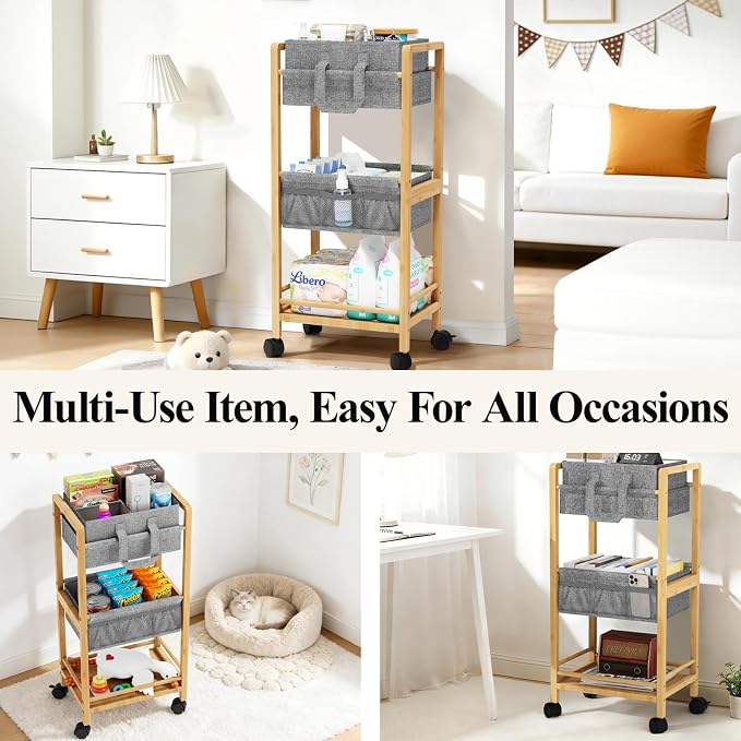 Bamboo Diaper Caddy Cart with Wheels - 3-Tier Rolling Storage，Grey | Removable bins, side pockets, sturdy handle, smooth wheels. For nursery, living room, laundry, pet. Natural bamboo, versatile