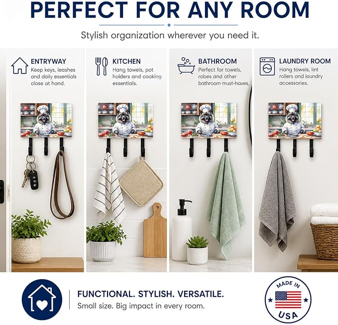 Caroline's Treasures Keeshond The Chef Leash or Key Holder Wall Hooks, Key Hooks Holder, Coat Rack Wall Mount, Coat Hooks, Hooks for Hanging Keys, Towels, Aprons, Leashes | Keeshond The Chef artwork on ceramic tile with three steel hooks for keys, leas...