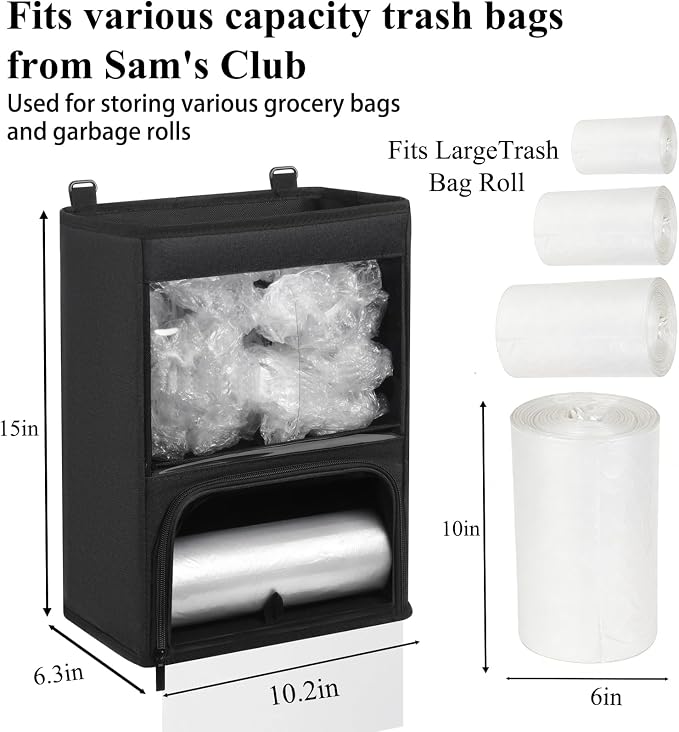 2-in-1 Plastic Bag Holder with Clear Window, Large Grocery Bag Holder and garbage bag dispenser with Easy-Access Openings, Trash bag organizer for Kitchen RV Cabinet Wall Mounted (Black）