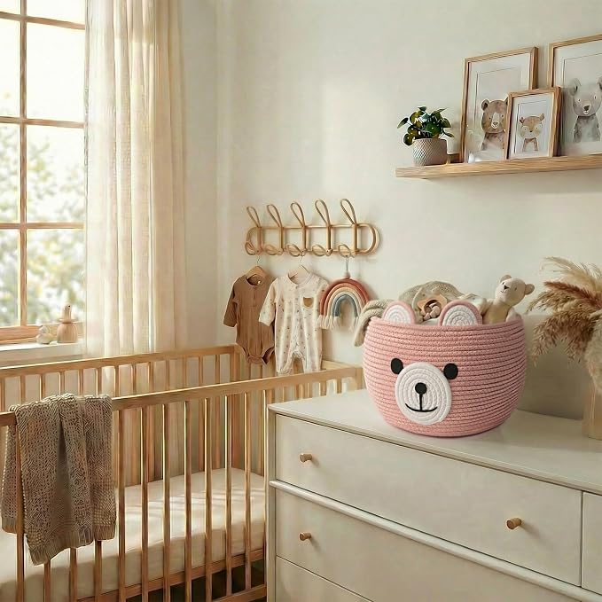 CherryNow Baby Basket for Gifts Empty, Cute Bear Design, Pink | 10.5" x 8.5" Baby Shower Basket for Kids Girls Newborn Storage, Toy Basket for Living Room Nursery Décor, Soft Cotton Rope