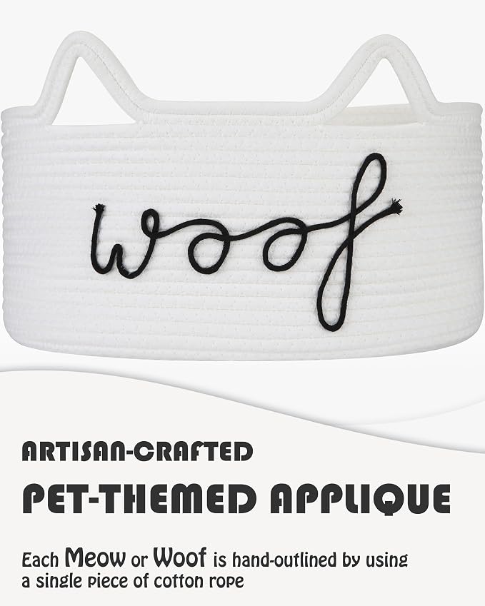 Sea Team Dog Toy Storage Basket with Handles and Ears, White Woof | Large Cotton Rope Storage Bin, Shelf Basket, Organizer for Pet Chew Toys, Foods, 16.5 x 11 x 7 Inches, 4.4 Gallons