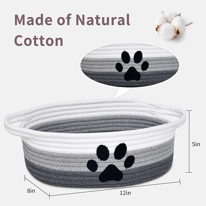 ABenkle Small Woven Basket with Handle, Cute Dog Paw Baskets for Gifts Empty, Decorative Rope Woven Storage Dog Toy Basket, Nursery Baskets for Baby Shower, 12" x 8" x 5"