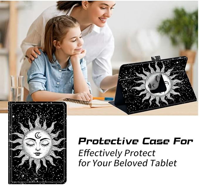 Universal Tablet Case for T-Mobile Revvl Tab 2 10.1" 2025/Revvl Tab 5G 10.36" 2023, 360 Degree Rotating Kickstand Protective Stand PU Leather Shell Cover for 9"-10.5", White Moon Sun