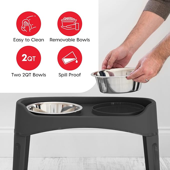 IRIS USA Elevated Dog Bowls, Dual Height 4.63" or 12.25" Made in USA, Black | Includes 2 Stainless Steel Bowls (64oz), Spill Guard, Height Adjustable, Non-Slip Feeder, Helps Reduce Neck Strain