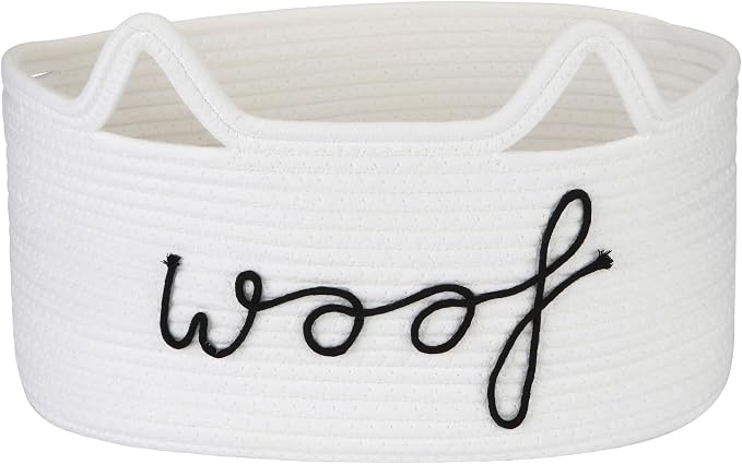 Sea Team Dog Toy Storage Basket with Handles and Ears, White Woof | Large Cotton Rope Storage Bin, Shelf Basket, Organizer for Pet Chew Toys, Foods, 16.5 x 11 x 7 Inches, 4.4 Gallons