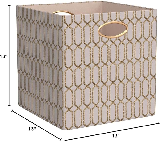 Posprica Storage Bins, Storage Cubes,13×13 Fabric Drawers Organizer Basket Boxes Containers (13×13×13/4pcs, Cream/gold geometry Pattern)