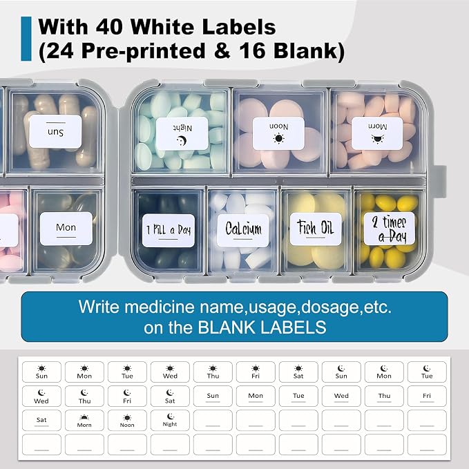 14 GRIDS Travel Pill Organizer Box with Labels - Travel Medicine Case Kit - Pocket Daily Pharmacy Container - Travel Medication Holder Dispenser for Fish Oil Vitamin Supplement Storage - Grey