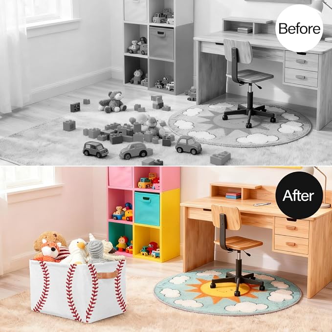 Pardick Storage Baskets Bin, White Baseball Collapsible Canvas Fabric Storage Bin Decorative Baskets Toy Organizer Rectangle Storage Boxes with handles for Home Shelves Nursery,A-2