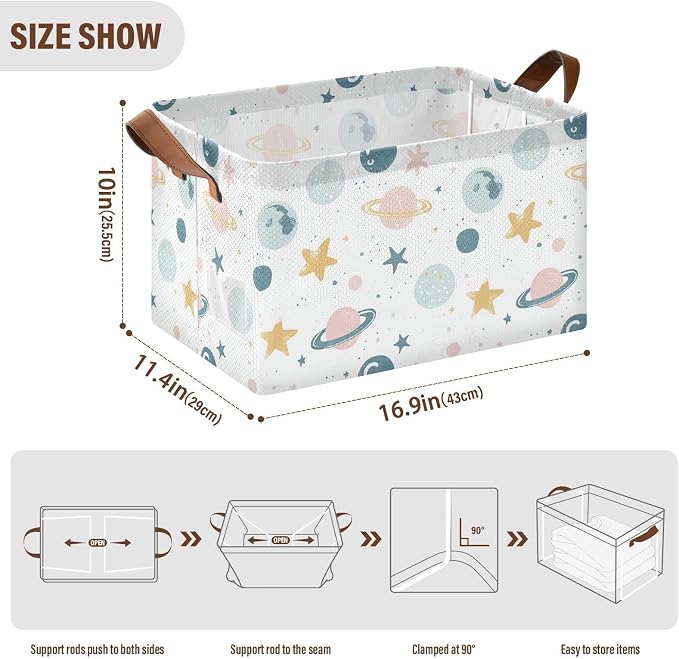 Cute Celestial Stars and Planet Baby Storage Basket with Labels&Handles Rectangular Waterproof Nursery Storage Bins Collapsible Shelf Organizer Baskets for Kids Books Cloth Gift Toys Laundry, 2 Pack