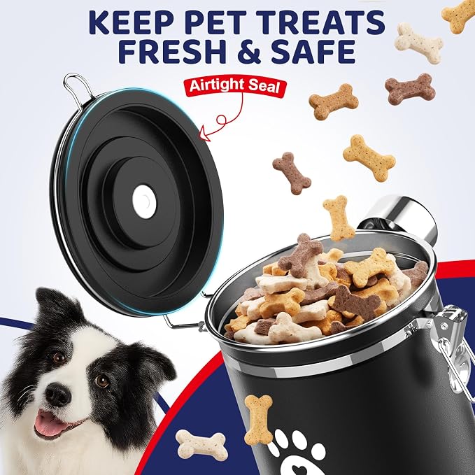 ENONCI Airtight Dog Treat Canister, 304 Stainless Steel Food Storage Jar with Date Dial Black-1.5L