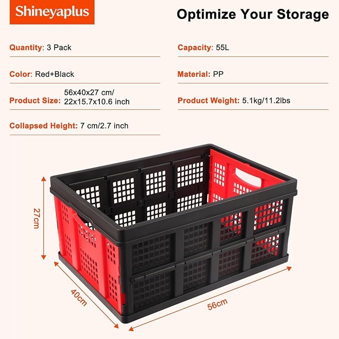 55L Collapsible Storage Bins with Handle 3 Packs, | Stackable Platic Storage Crates for Organizing Tools, Books, Food, Drinks, Camping & Home