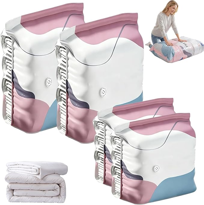 No-Pump Vacuum Storage, 2026 New Large Compression Bags for Blankets, Bedding, Comforters, Jumbo Clothes, Heavy-Duty Press & Seal, No Pump Needed (White, 4PCS, MIX)