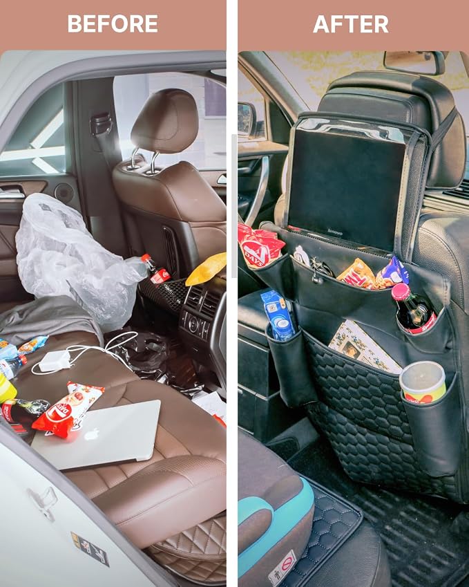 Owleys Back Seat Organizer for Kids with Tablet Holder, 8 Pockets, Black | Hanging faux leather car backseat organizer with a clear tablet pocket. Doubles as a kick mat. Needs removable headrests.