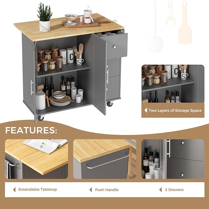 JY QAQA 40" Kitchen Island Cart Furniture cart on Wheels Rolling Portable Dining Room Serving Utility Carts Mobile Movable with Drawers Cabinet,Grey