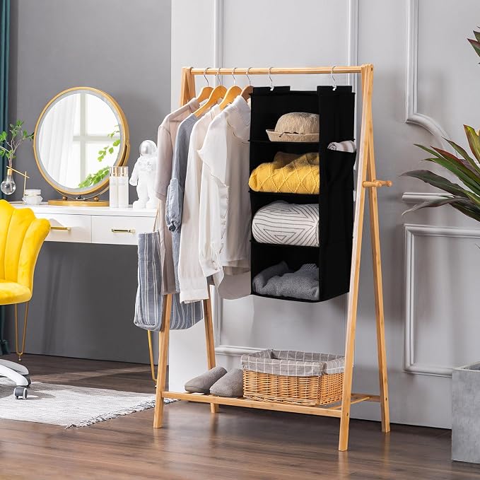 YOUDENOVA Hanging Closet Organizer and Storage for Clothes, 4-Shelf, Black | Locker/RV/Camper Organizer, Side Pocket, Hanging Shelves for Small Closet, Dorm Room Essentials for Guys, Breathable Fabric